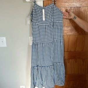 Lady size extra large spaghetti strap blue ginghan shin length